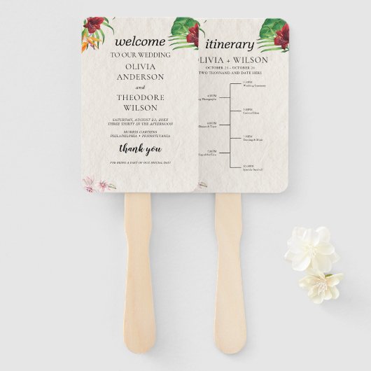 Waterverf Tropische bruiloft programma en tijdlijn Handwaaier (Voorkant en achterkant)