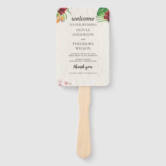 Waterverf Tropische bruiloft programma en tijdlijn Handwaaier (Voorkant)