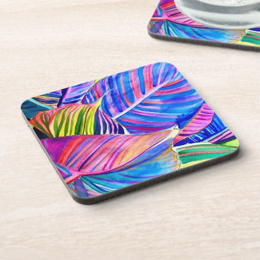 Waterverf tropische canna bladeren bier onderzetter (Linkerzijde)