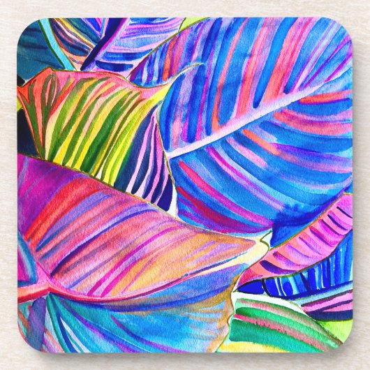 Waterverf tropische canna bladeren bier onderzetter (Voorkant)