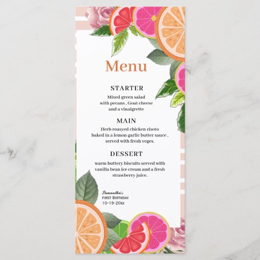 Waterverf Tropische Citrusvruchten Schattige menu (Voorkant)