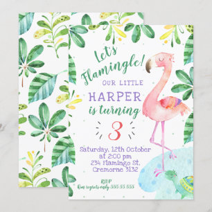 Waterverf Tropische Flamingo Birthday Uitnodiging