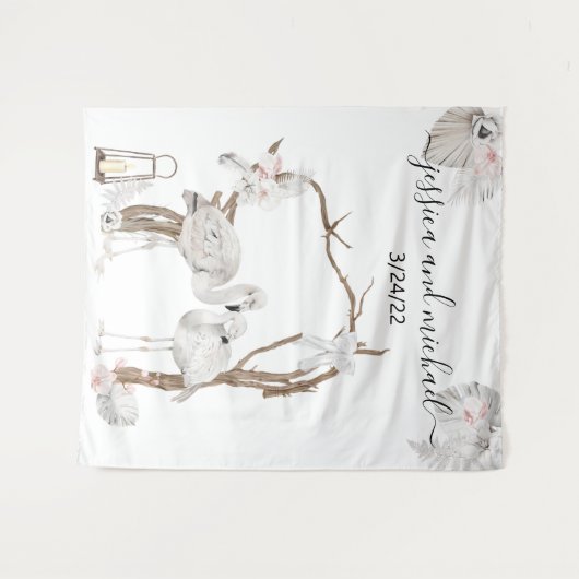 Waterverf Tropische Flamingo Boho White Floral Wandkleed (Voorkant (horizontaal))