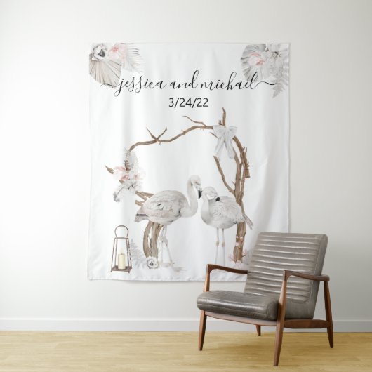 Waterverf Tropische Flamingo Boho White Floral Wandkleed (In situ)