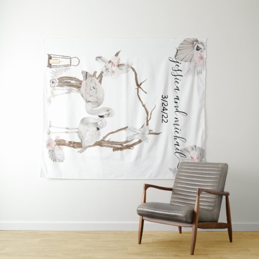 Waterverf Tropische Flamingo Boho White Floral Wandkleed (In Situ (horizontaal))