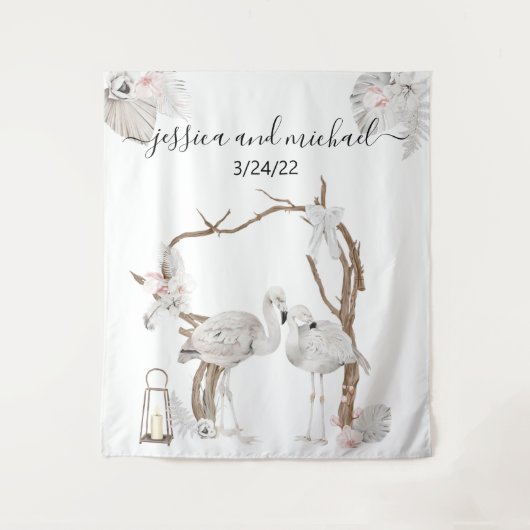 Waterverf Tropische Flamingo Boho Witte Bloemen Wandkleed (Voorkant)