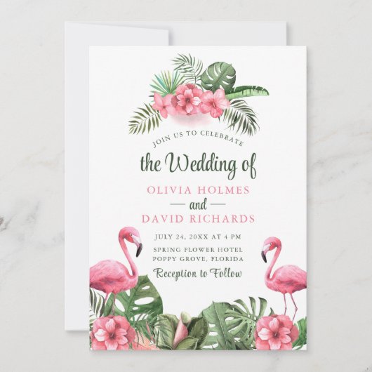 Waterverf Tropische Flamingo bruiloft uitnodiging (Voorkant)