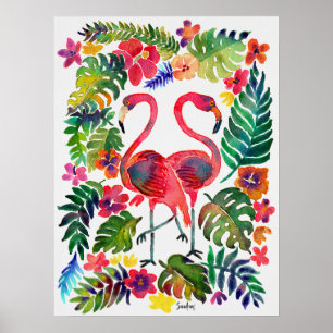 Waterverf Tropische flamingos Poster