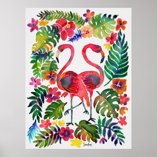 Waterverf Tropische flamingos Poster (Voorkant)