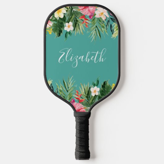 Waterverf Tropische flora Naam Blauwgroen toevoege Pickleball Paddle (Voorkant)