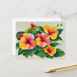 Waterverf Tropische Flora Roodgele Hibiscus Briefkaart