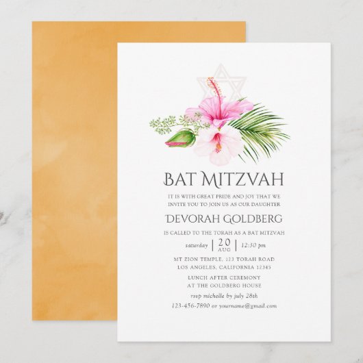 Waterverf Tropische Floral Bat Mitzvah Kaart (Voorkant / Achterkant)