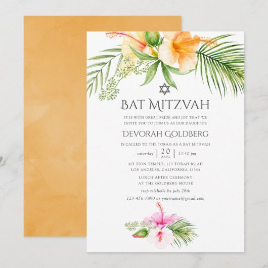 Waterverf Tropische Floral Bat Mitzvah Kaart (Voorkant / Achterkant)