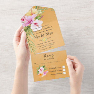 Waterverf Tropische Floral Beach Wedding All In One Uitnodiging