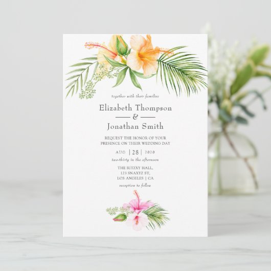 Waterverf Tropische Floral Beach Wedding Kaart (Staand voorkant)