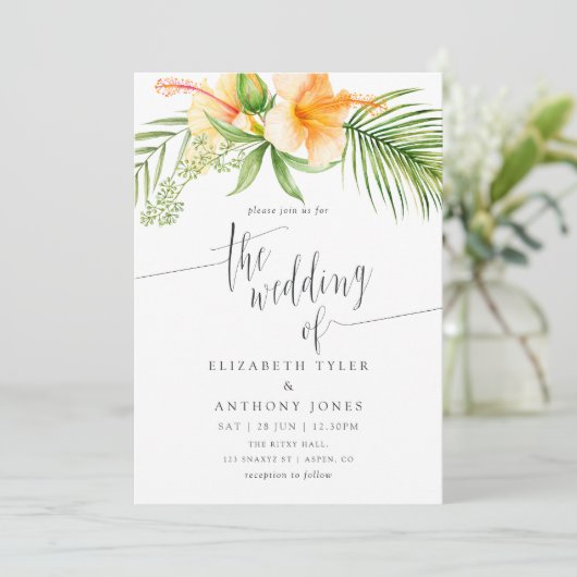 Waterverf Tropische Floral Beach Wedding Kaart (Staand voorkant)