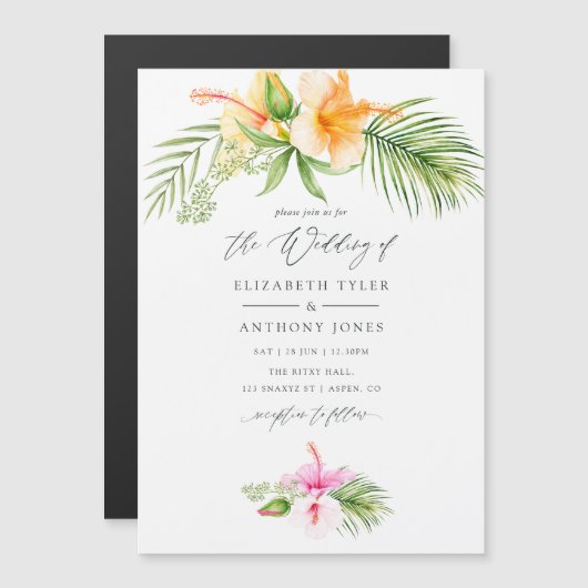 Waterverf Tropische Floral Beach Wedding Magnetische Uitnodiging (Voorkant / Achterkant)