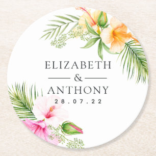 Waterverf Tropische Floral Beach Wedding Ronde Kartonnen Onderzetter