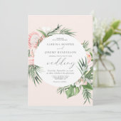 Waterverf Tropische Floral Circle Blush Wedding Kaart (Staand voorkant)