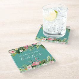 Waterverf Tropische Floral Familienaam Beach House Glazen Onderzetter