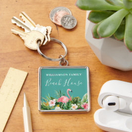 Waterverf Tropische Floral Familienaam Beach House Sleutelhanger