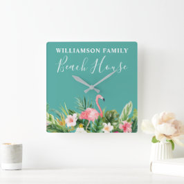 Waterverf Tropische Floral Familienaam Beach House Vierkante Klok