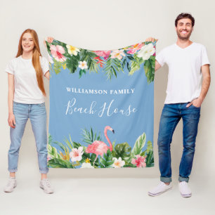 Waterverf Tropische Floral Family Beach House Blue Fleece Deken