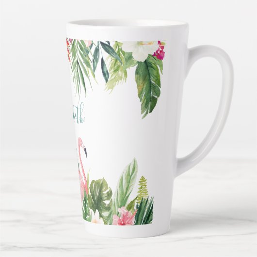 Waterverf Tropische Floral Flamingo Blauwgroen Gro Latte Mok (Rechts)