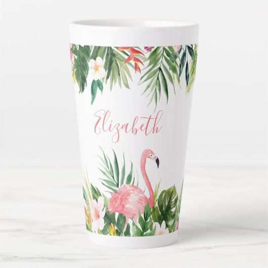 Waterverf Tropische Floral Flamingo Pink Groot Latte Mok (Voorkant)