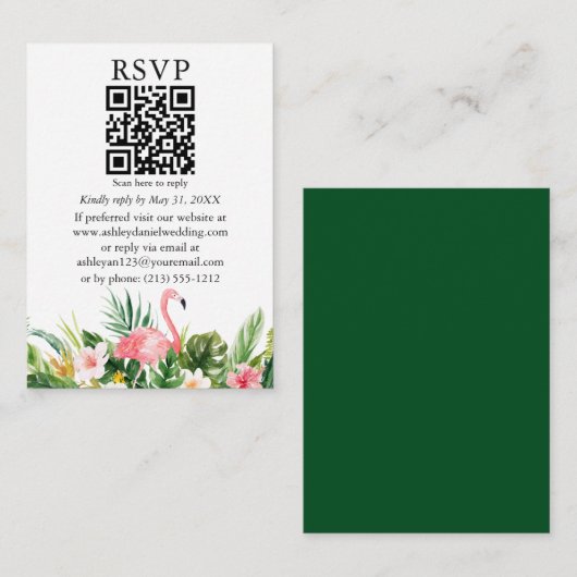 Waterverf Tropische Floral Flamingo QR RSVP Green Informatiekaartje (Voorkant / Achterkant)