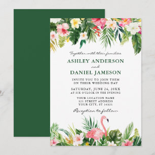 Waterverf Tropische Floral Flamingo Wedding Green Kaart