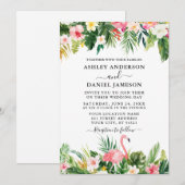 Waterverf Tropische Floral Flamingo Wedding Kaart (Voorkant / Achterkant)