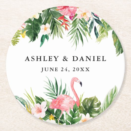 Waterverf Tropische Floral Flamingo Wedding Ronde Kartonnen Onderzetter (Voorkant)