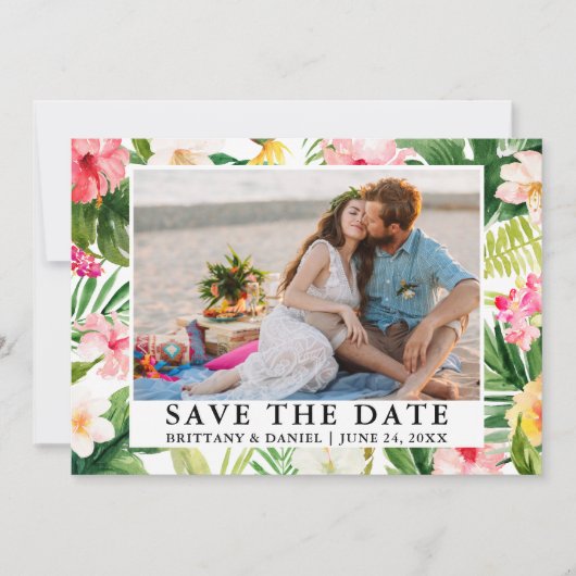 Waterverf Tropische Floral foto slaat de datum op Save The Date (Voorkant)