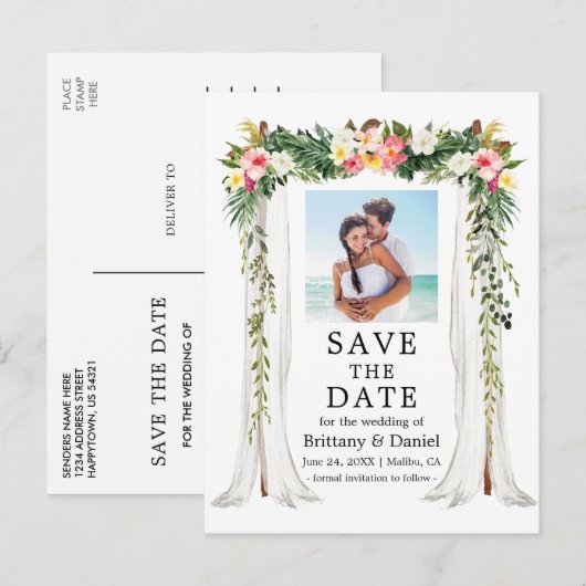 Waterverf Tropische Floral foto van Wedding Canopy Aankondigingskaart (Voorkant / Achterkant)