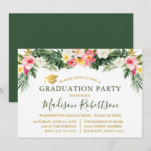 Waterverf Tropische Floral Gold Graduation Party Kaart