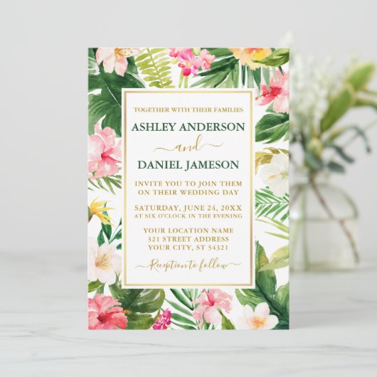 Waterverf Tropische Floral Green Gold Wedding Kaart (Staand voorkant)