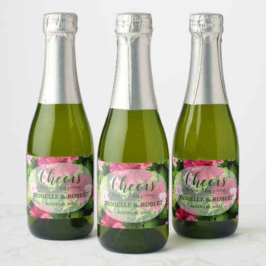 Waterverf Tropische Floral Hibiscus Mini Sparkling Wijnetiket (Flessen)