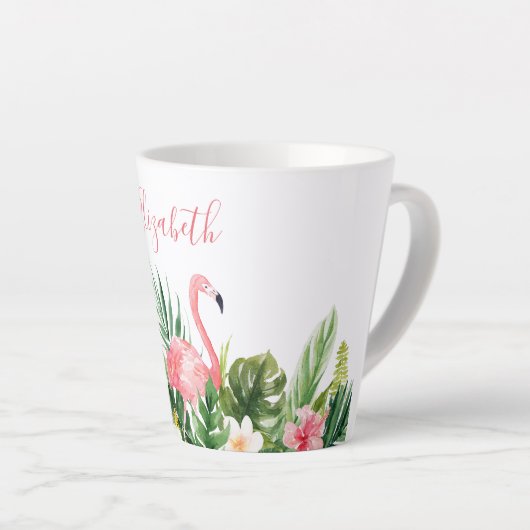 Waterverf Tropische Floral Naam Roze Flamingo Latte Mok (Rechterhoek)