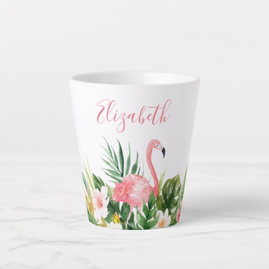 Waterverf Tropische Floral Naam Roze Flamingo Latte Mok (Voorkant)