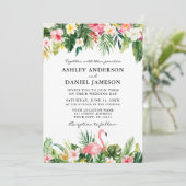 Waterverf Tropische Floral Pink Flamingo Wedding Kaart (Staand voorkant)