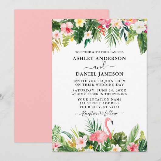 Waterverf Tropische Floral Pink Flamingo Wedding Kaart (Voorkant / Achterkant)