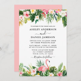 Waterverf Tropische Floral Pink Flamingo Wedding Kaart
