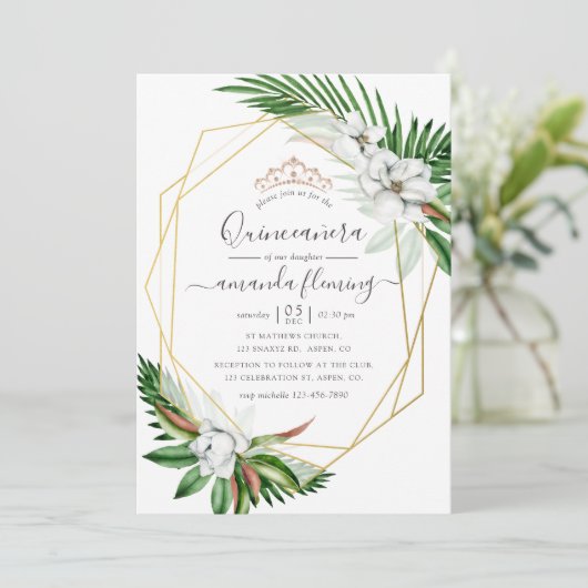 Waterverf Tropische Floral Quinceañera Kaart (Staand voorkant)