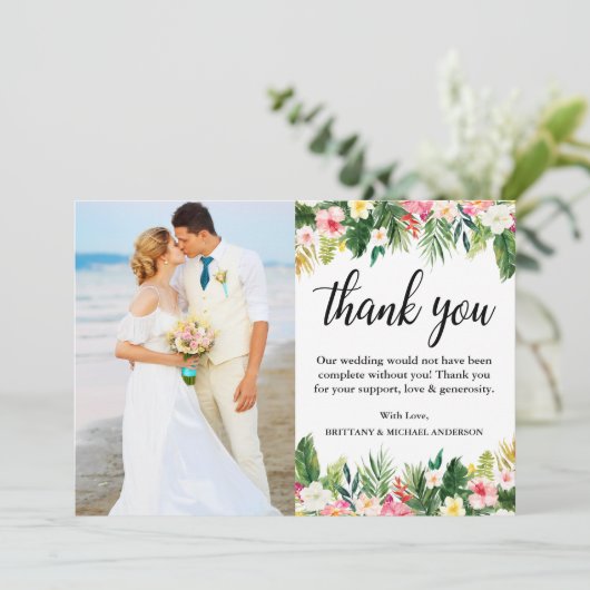 Waterverf Tropische Floral Wedding Foto Bedankkaart (Staand voorkant)