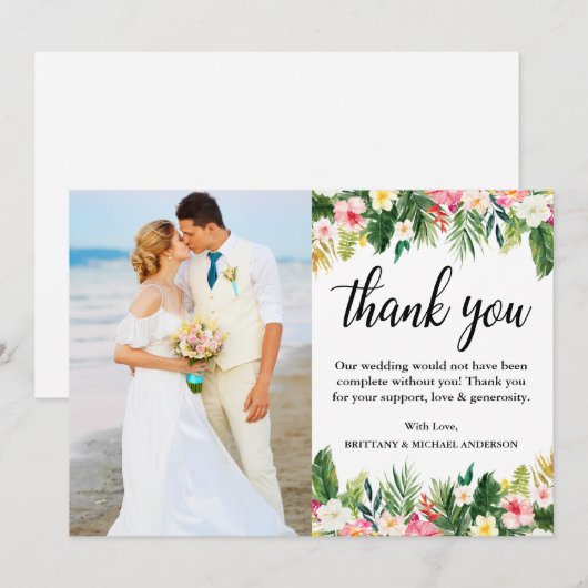Waterverf Tropische Floral Wedding Foto Bedankkaart (Voorkant / Achterkant)