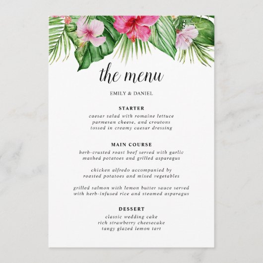 Waterverf Tropische Floral Wedding Menu (Voorkant)
