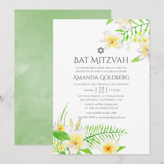 Waterverf Tropische Frangipani Bat Mitzvah Kaart (Voorkant / Achterkant)
