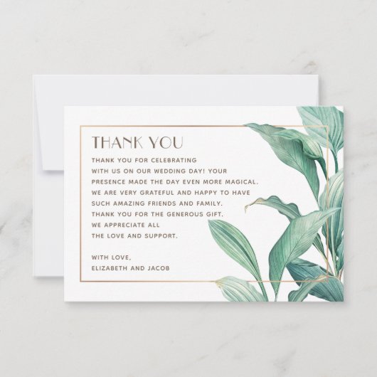 Waterverf tropische groen. Elegant bruiloft Bedankkaart (Voorkant)