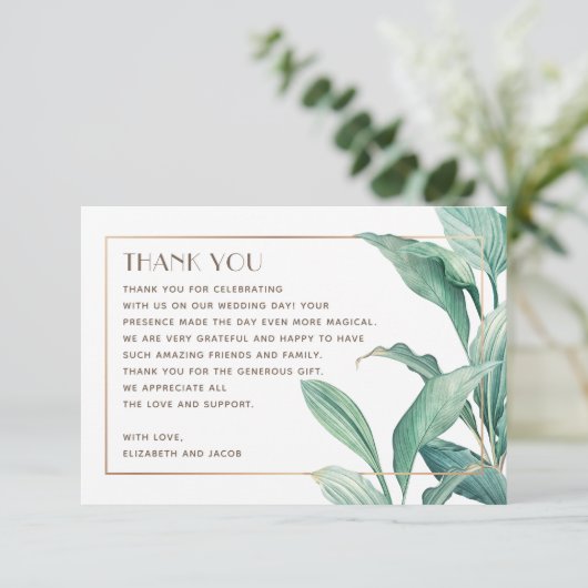 Waterverf tropische groen. Elegant bruiloft Bedankkaart (Staand voorkant)